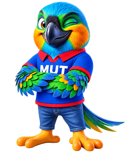 Mascote da MUT Telecom, uma arara colorida de camisa azul escrito MUT